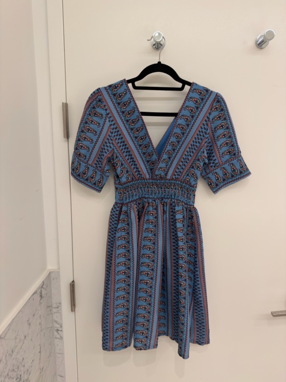 Blue Paisley Print V-Neck Mini Dress